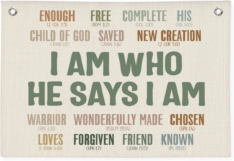 PLKMN Christian Wall Decor Canvas Banner, I Am Who He Says I am, Motivational Wall Hanging Banner Flag Decor for Baby Boys Girls Nursery Playroom - Image 1